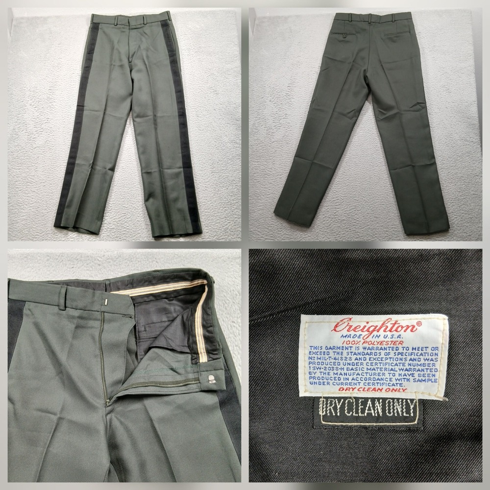 Creighton Military Uniform Dress Pants 32 Green Side Stripe Made in USA Vintage‎